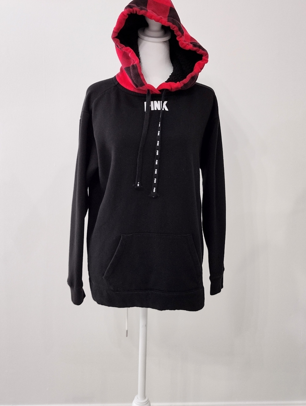 PINK Victoria's Secret Black Hoodie with Red Plaid Hood Lining